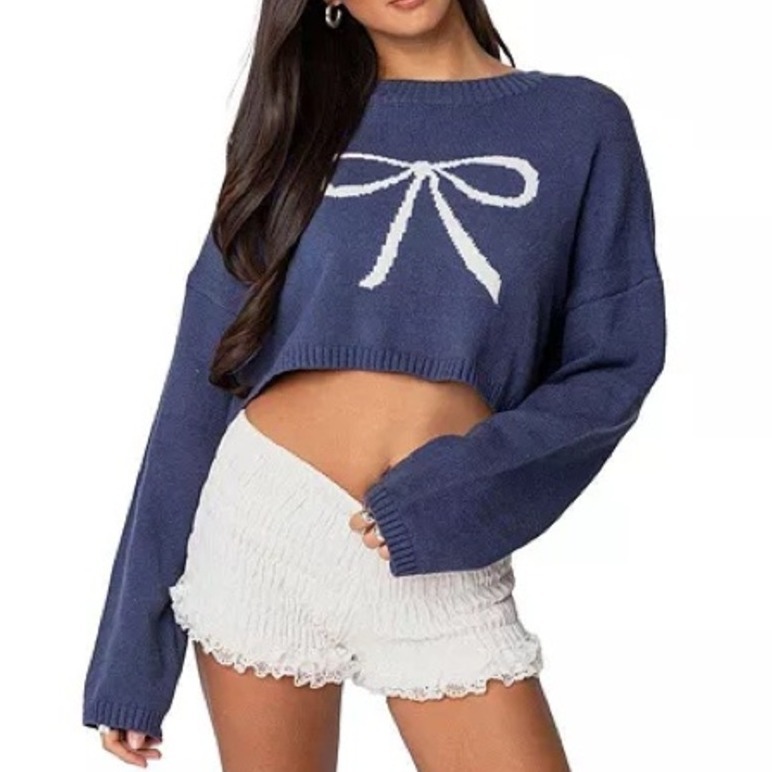 Edikted Knit Bow Cropped Sweater Women's Xs/S Navy Boho Dainty Coquette Girl
